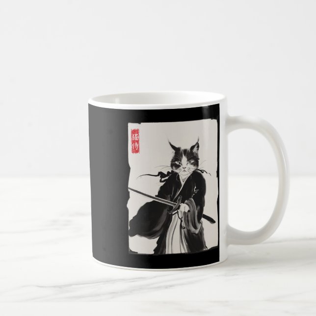 Samurai Cat Warrior Bläck Art Funny Japanska Stil Kaffemugg (Höger)