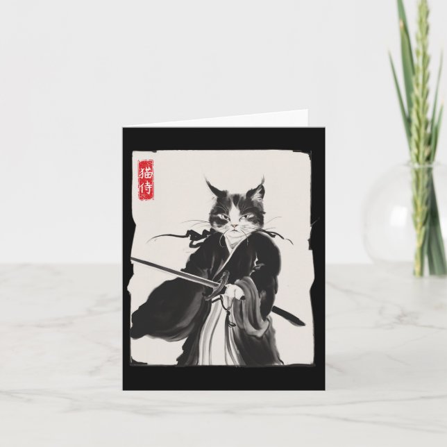 Samurai Cat Warrior Bläck Art Funny Japanska Stil Kort (Framsida)