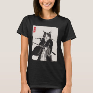 Samurai Cat Warrior Bläck Art Funny Japanska Stil T Shirt