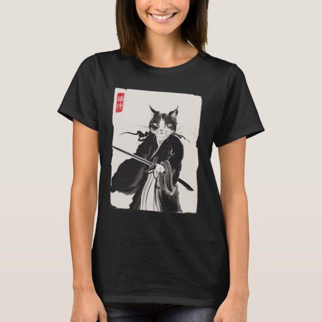 Samurai Cat Warrior Bläck Art Funny Japanska Stil T Shirt (Framsida)