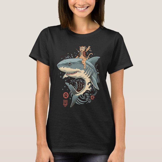 Samurai Cat warrior Bushido shark Japanese Cats ka T Shirt (Framsida)