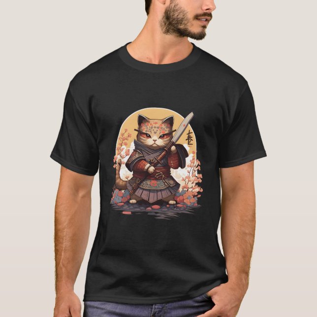 Samurai Cat Warrior Japansk Ninja Cat Kawaii T Shirt (Framsida)
