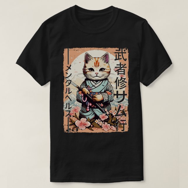 Samurai Cat Warrior Japanska Ninja Kattunge Kawaii T Shirt (Design framsida)
