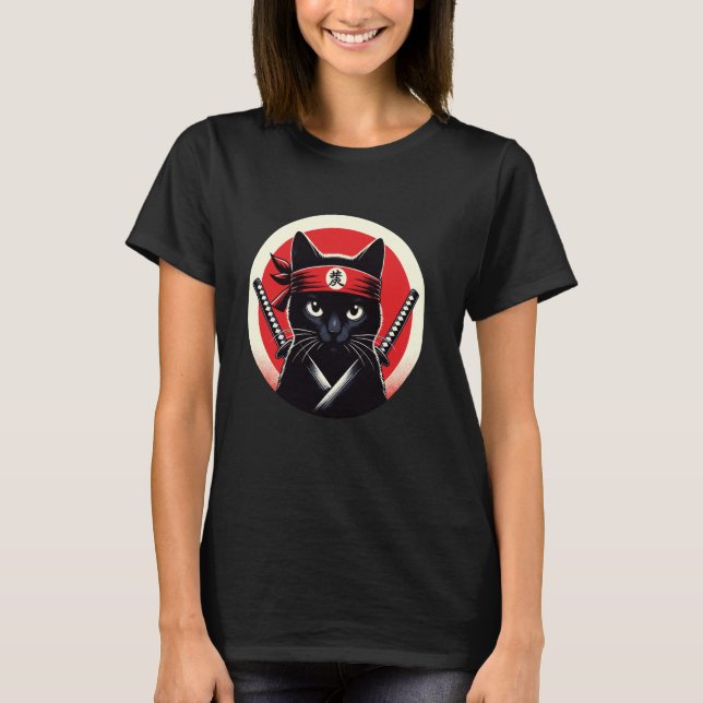 Samurai Cat Warrior Katana Japanska Ninja Art T Shirt (Framsida)