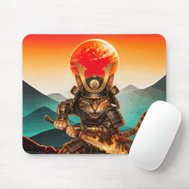Samurai Cat Warrior Sunset NonSlip Gaming Mousepad Musmatta (Med mus)