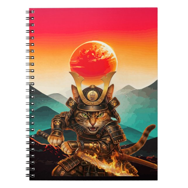 Samurai Cat Warrior Sunset Premium spiral Notebook Anteckningsbok (Framsidan)
