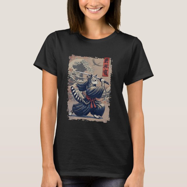 Samurai Cat Warrior Ukiyo Bläck Artwork Cat Samura T Shirt (Framsida)