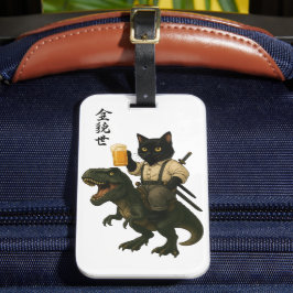 Samurai Cat with Beer & T-Rex | Retro Japanese Art Bagagebricka