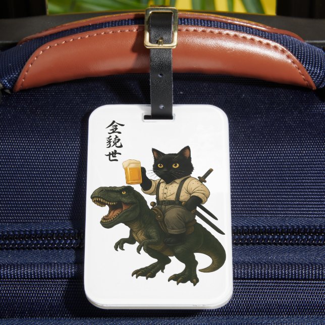 Samurai Cat with Beer & T-Rex | Retro Japanese Art Bagagebricka (Framsida Insitu 2)