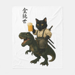 Samurai Cat with Beer & T-Rex | Retro Japanese Art Fleecefilt