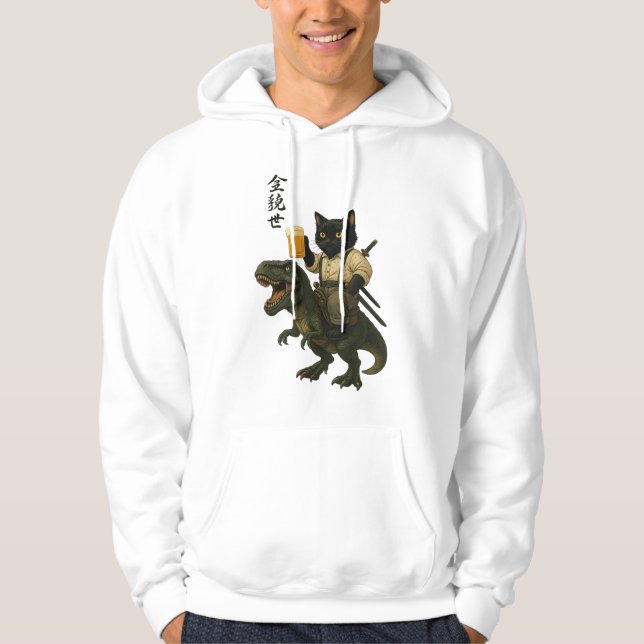 Samurai Cat with Beer & T-Rex | Retro Japanese Art Hoodie (Framsida)