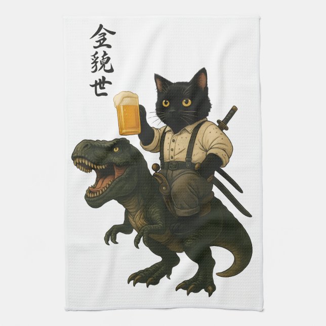 Samurai Cat with Beer & T-Rex | Retro Japanese Art Kökshandduk (Vertikal)