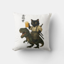 Samurai Cat with Beer & T-Rex | Retro Japanese Art Kudde