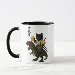 Samurai Cat with Beer & T-Rex | Retro Japanese Art Mugg