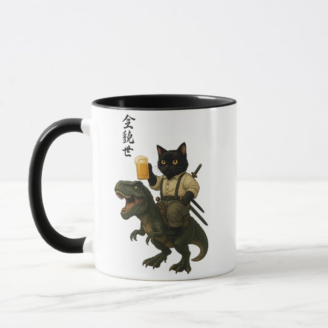 Samurai Cat with Beer & T-Rex | Retro Japanese Art Mugg (Vänster)