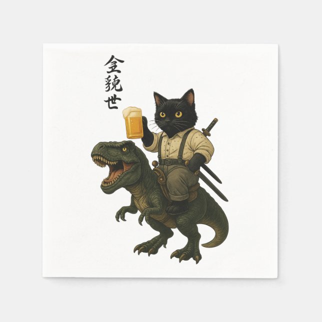 Samurai Cat with Beer & T-Rex | Retro Japanese Art Pappersservett (Framsidan)
