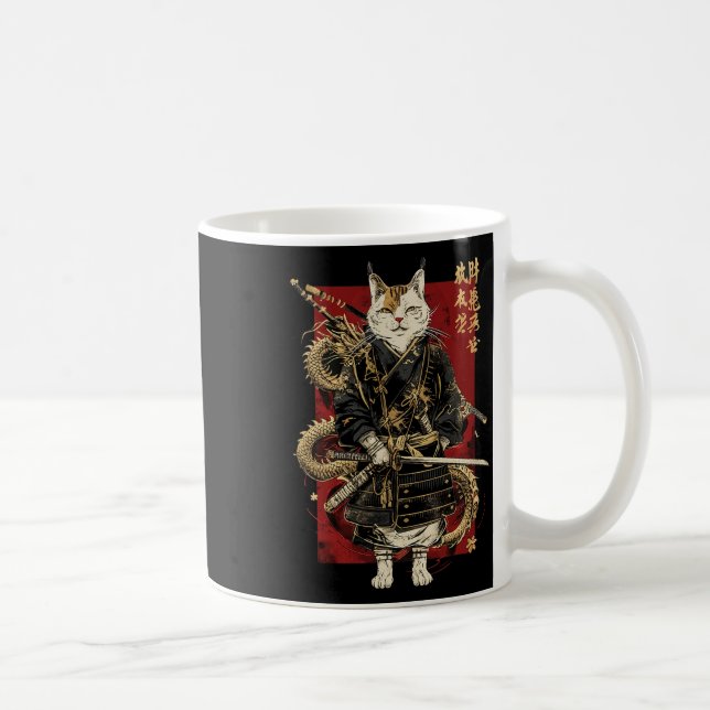Samurai Cat with Dragon Japanska Kanji Kaffemugg (Höger)