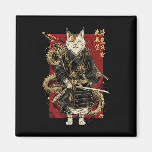Samurai Cat with Dragon Japanska Kanji Magnet