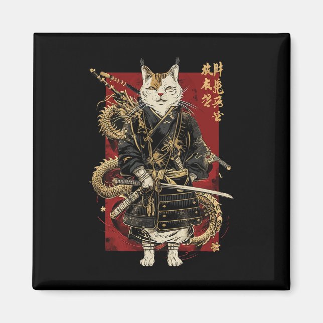 Samurai Cat with Dragon Japanska Kanji Magnet (Framsidan)