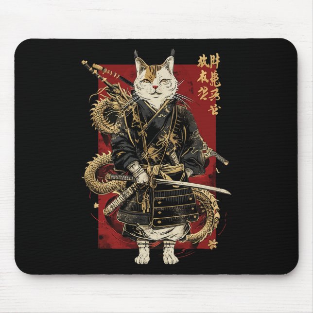Samurai Cat with Dragon Japanska Kanji Musmatta (Framsidan)