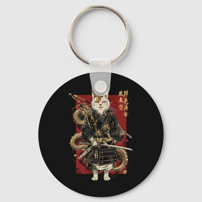 Samurai Cat with Dragon Japanska Kanji Nyckelring (Framsida)