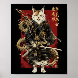 Samurai Cat with Dragon Japanska Kanji Poster