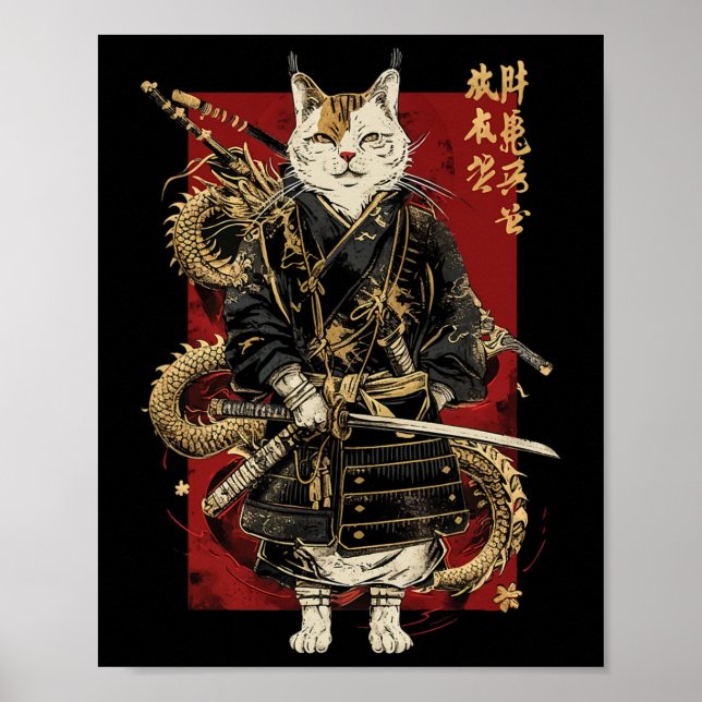 Samurai Cat with Dragon Japanska Kanji Poster (Framsidan)