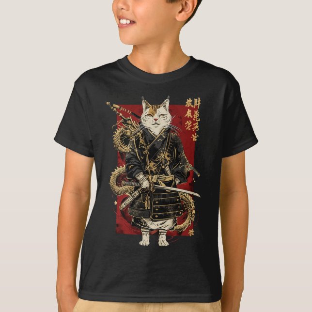Samurai Cat with Dragon Japanska Kanji T Shirt (Framsida)