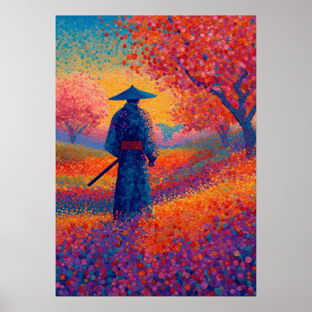Samurai Cherry Blossom Pointillism Art Poster (Framsidan)