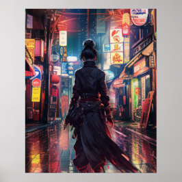 Samurai CyberPunk Modern Nightscape Futuristiska Poster