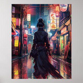 Samurai CyberPunk Modern Nightscape Futuristiska Poster