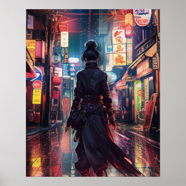 Samurai CyberPunk Modern Nightscape Futuristiska Poster (Framsidan)