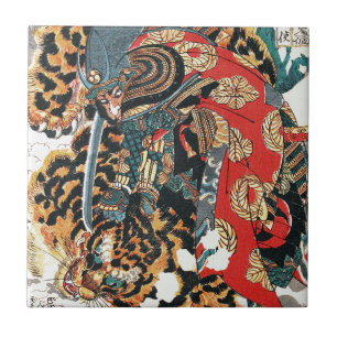 Samurai Fighting a Tiger, Kuniyoshi, Ukiyo-e Kakelplatta