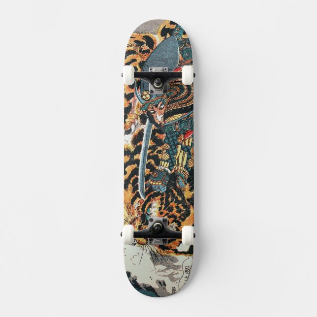Samurai Fighting a Tiger, Kuniyoshi, Ukiyo-e Mini Skateboard Bräda 18,5 Cm (Framsida)