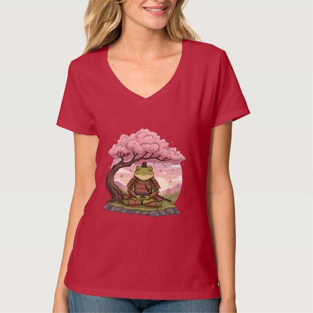 Samurai Frog Meditating Cute Funny Womens Red T Shirt (Framsida)