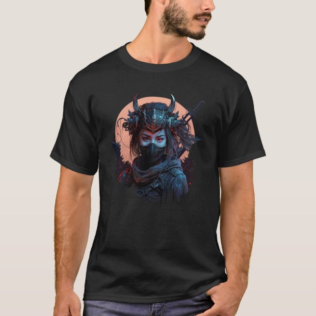 Samurai Girl Aesthetic Demons Mask Japanskt tema T Shirt (Framsida)