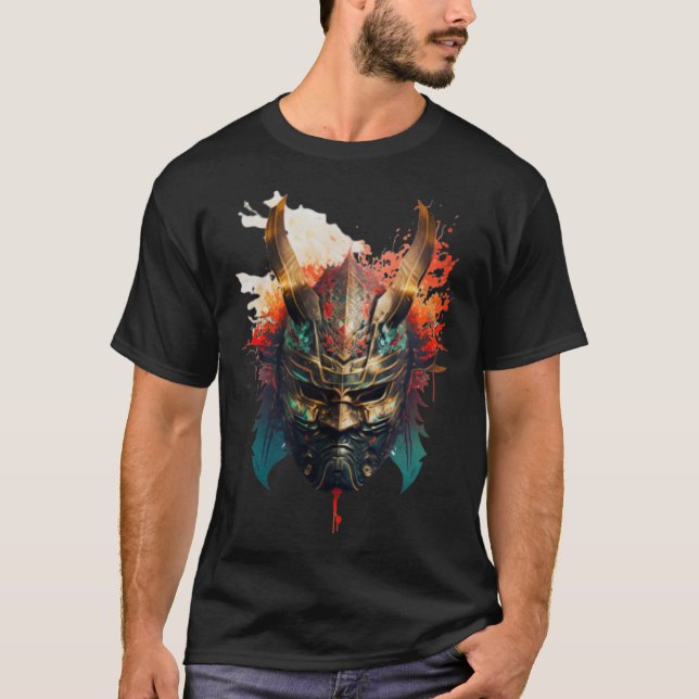 Samurai Helmet Warrior Bushido Oni Mask Japanska C T Shirt (Framsida)
