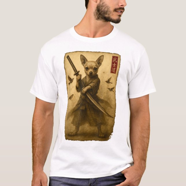 Samurai Hund Japanska Chihuahua Warrior T Shirt (Framsida)