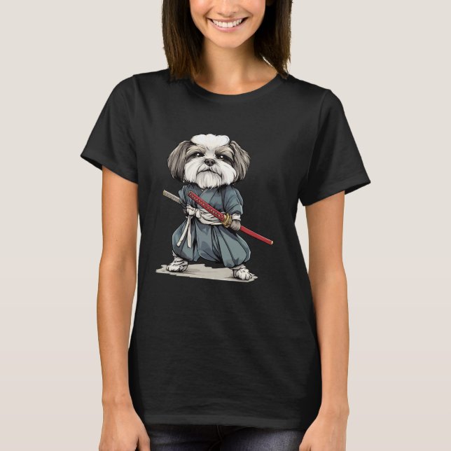 Samurai Hund Japanska Ukiyo e Stil Lhasa Apso Hund T Shirt (Framsida)