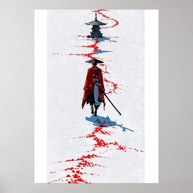 Samurai in Red Robe on White Poster (Framsidan)