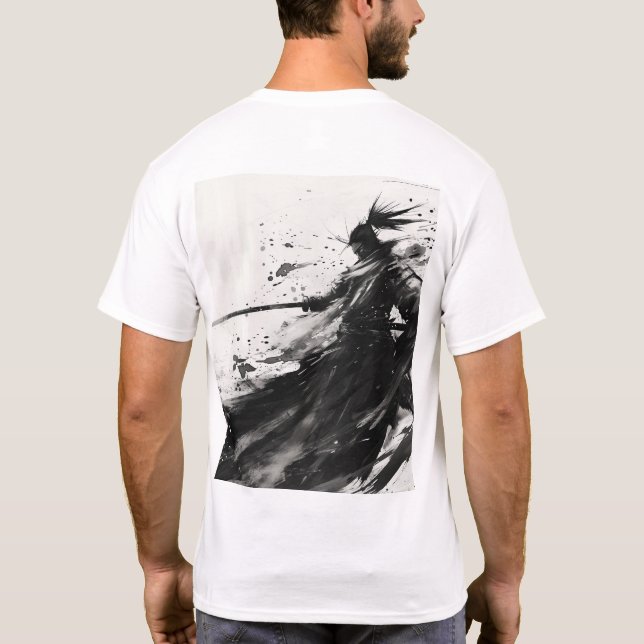 Samurai Jack Dynamic Pose Black and White T-Shirt (Baksida)