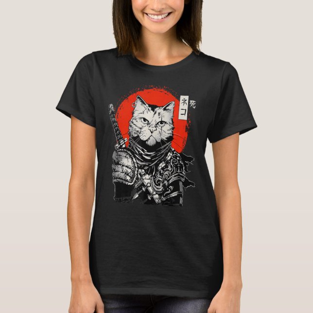 Samurai japansk Cat Bushido Warrior Katana Sword T Shirt (Framsida)