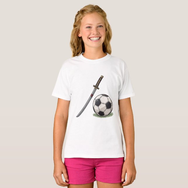 Samurai Katana and Soccer Ball - Japan T Shirt (Hel framsida)