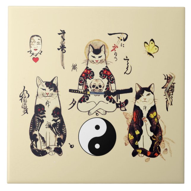 SAMURAI-KATTER I SKULL,SKELETON,BUTTERFLISKA TATTO KAKELPLATTA (Framsidan)