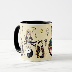 SAMURAI-KATTER I SKULL,SKELETON,BUTTERFLISKA TATTO MUGG