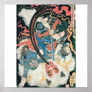 Samurai Killing a Demon, Ancient Japansk målning Poster