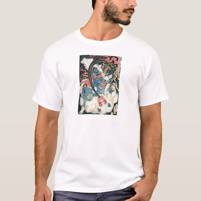 Samurai Killing a Demon, Ancient Japanska målning Tee Shirt (Framsida)