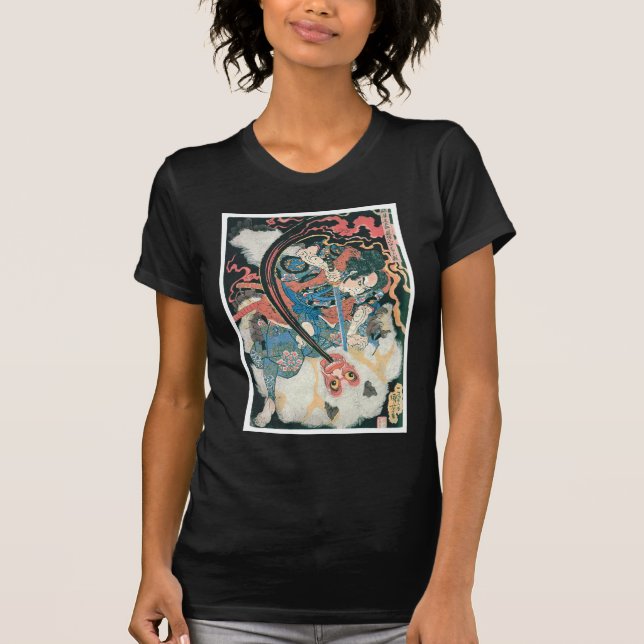 Samurai Killing a Demon, Ancient Japanska målning Tee Shirt (Framsida)