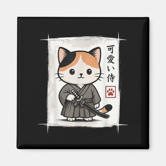 Samurai Kitten Japanska Anime Kawaii Funny Cat Man Magnet (Framsidan)