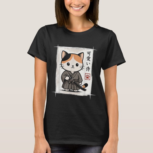 Samurai Kitten Japanska Anime Kawaii Funny Cat Man T Shirt (Framsida)